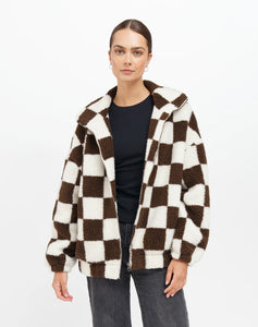 Brunette the Label Checkerboard Sherpa Zipup Jacket - Chocolate Brown