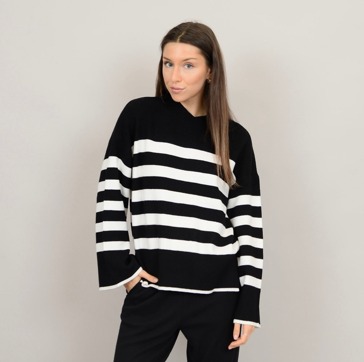 RD Style Magda Striped Crewneck Pullover - Black