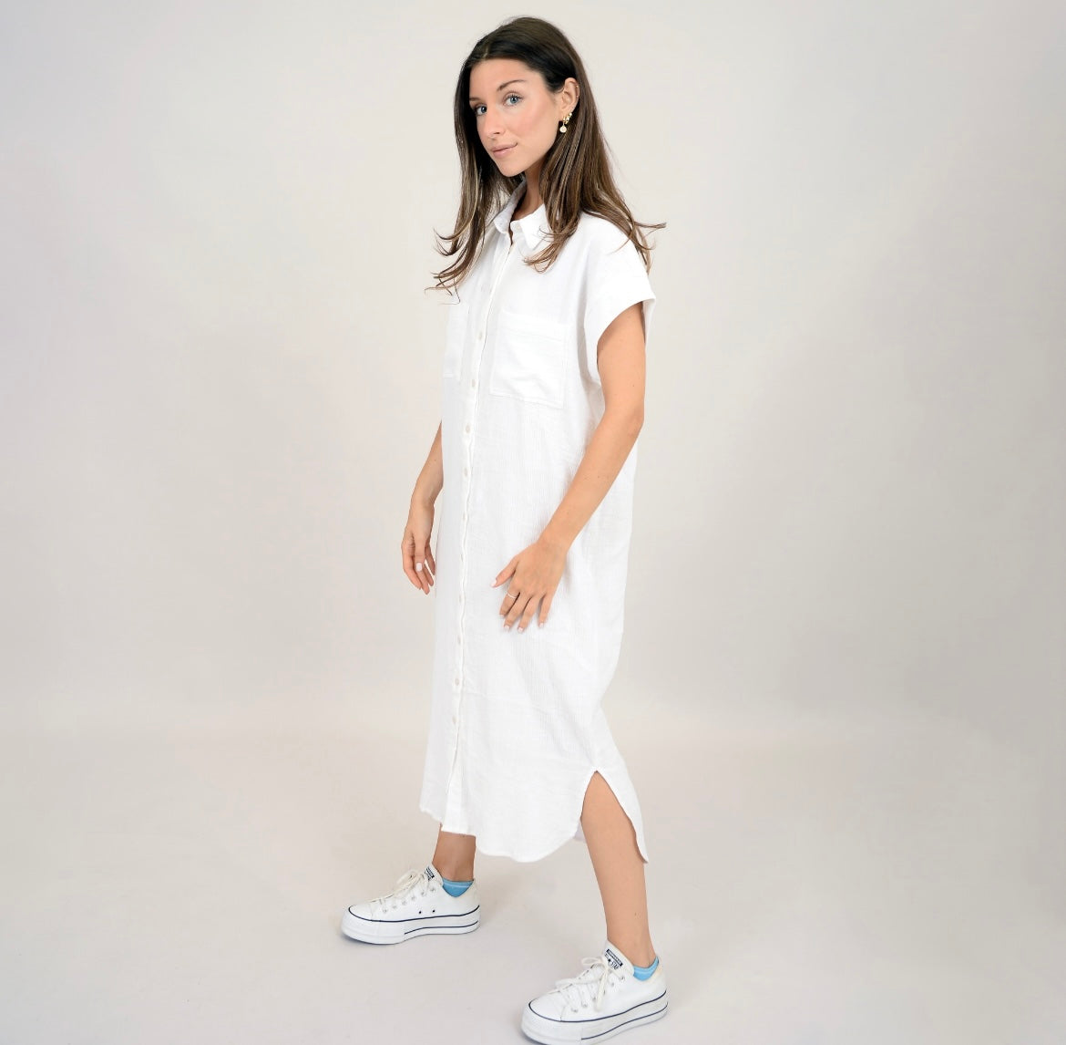 RD Style Aira Gauze Button Up Tshirt Dress - White