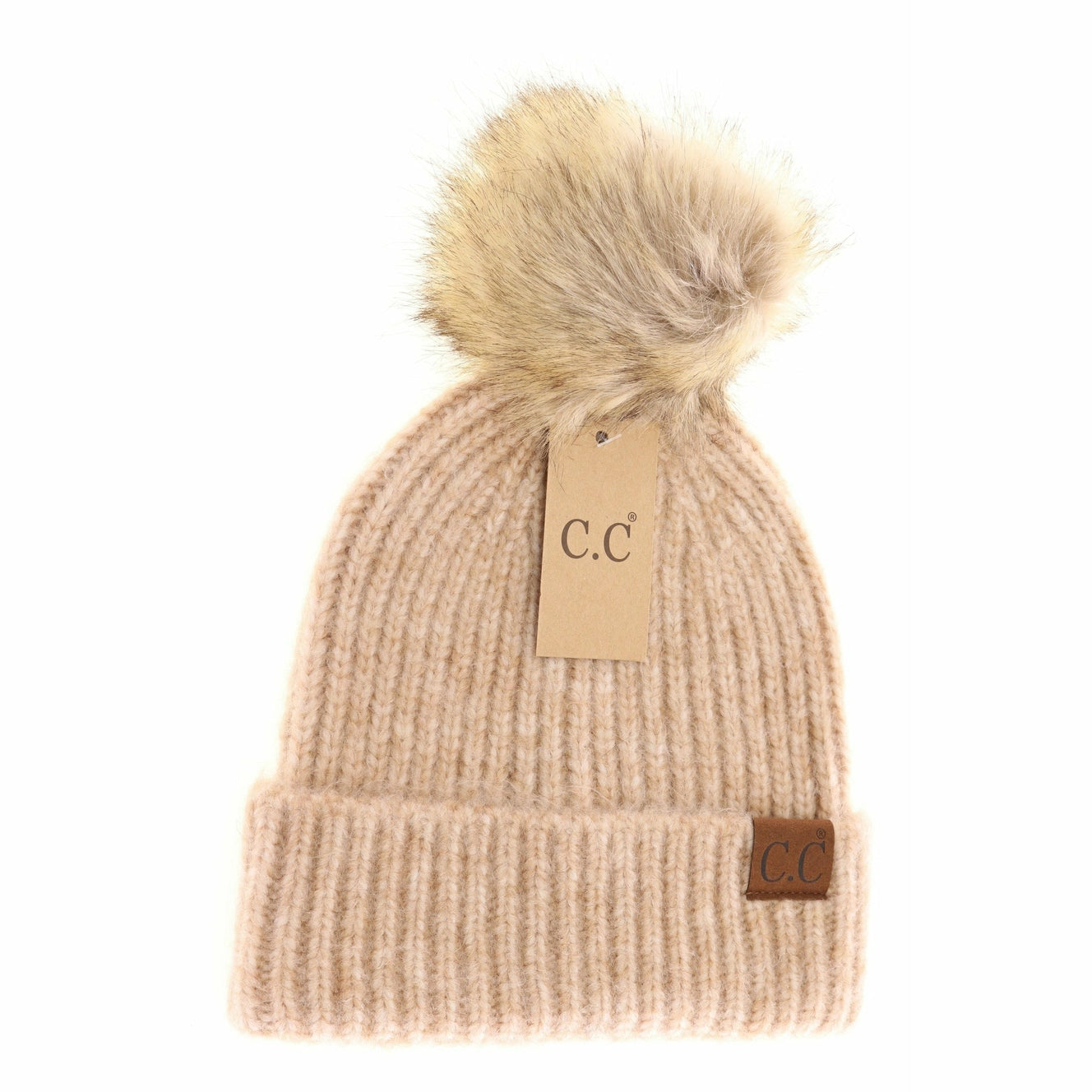 CC Beanie Ribbed Fur Pom Beanie - Sand Multi