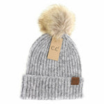 Load image into Gallery viewer, CC Beanie Ribbed Fur Pom Beanie - Grey Multi
